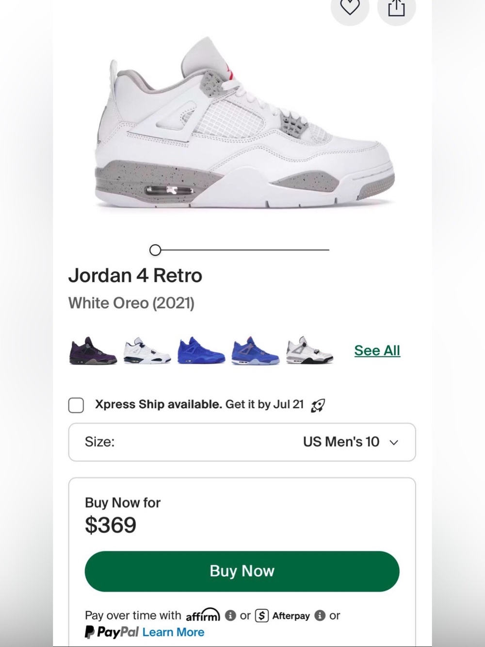 Jordan 4 Retro Mens White Oreo Shoes 10